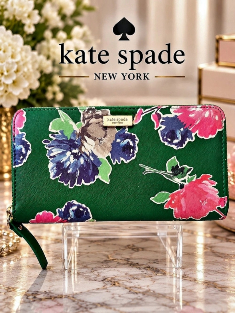 Kate Spade New York Floral Zip Around Continental Wallet Green Multicolor EUC